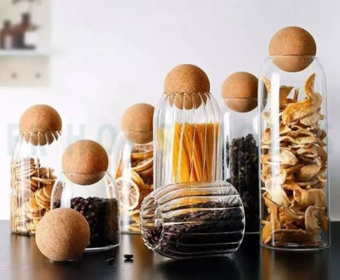 3-Piece Self-Lining Pattern Glass Jar Set with Cork Ball Tops – A Blend of Style & Functionality