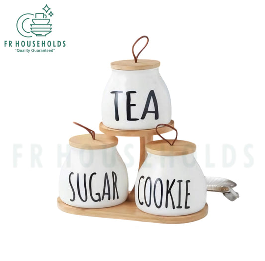 3pcs Round Airlock Tea Coffee & Sugar Jars With Wood Stand