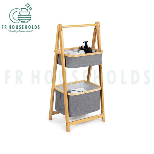 2-Tier Bamboo Storage Rack with Fabric Baskets – Modern Bathroom & Laundry Organizer Shelf