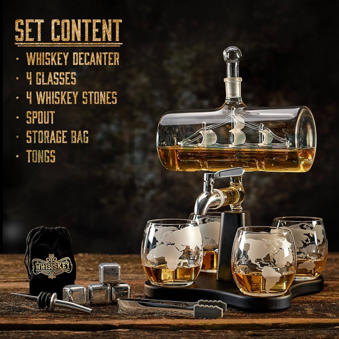 Luxury Ship-in-Bottle Wine & Whiskey Dispenser Set – 5-Piece Globe Glass Collection