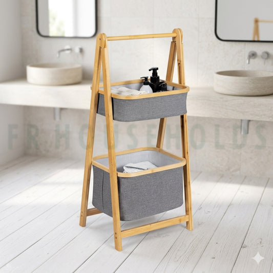 2-Tier Bamboo Storage Rack with Fabric Baskets – Modern Bathroom & Laundry Organizer Shelf