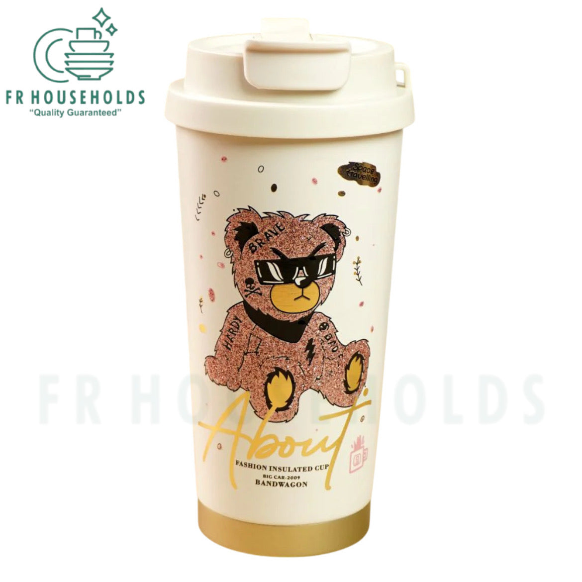 Hardy Fashion Insulated Coffee Tumbler with Infuser Tube & Inner Ceramic Liner - 520ml (Pink Bear)