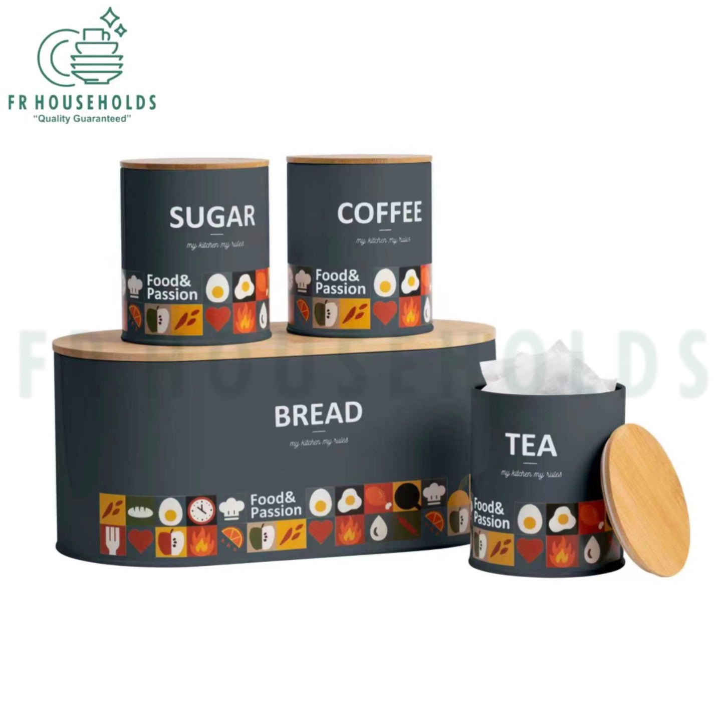 4-Piece Metallic Geometric Bread Box Set – Includes Matching Tea, Coffee & Sugar Canisters | Grey