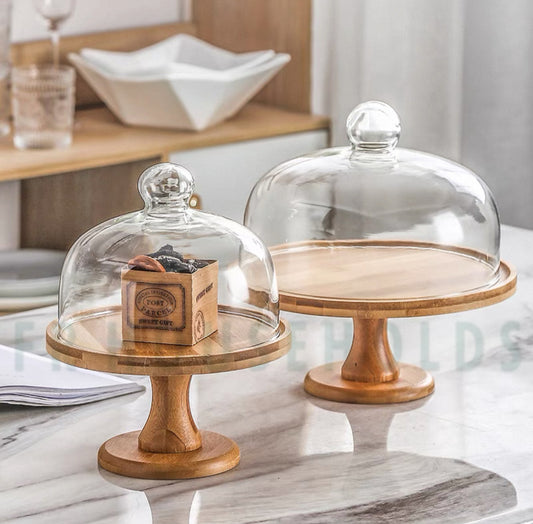 Wooden Revolving Cake Stand with Glass Dome