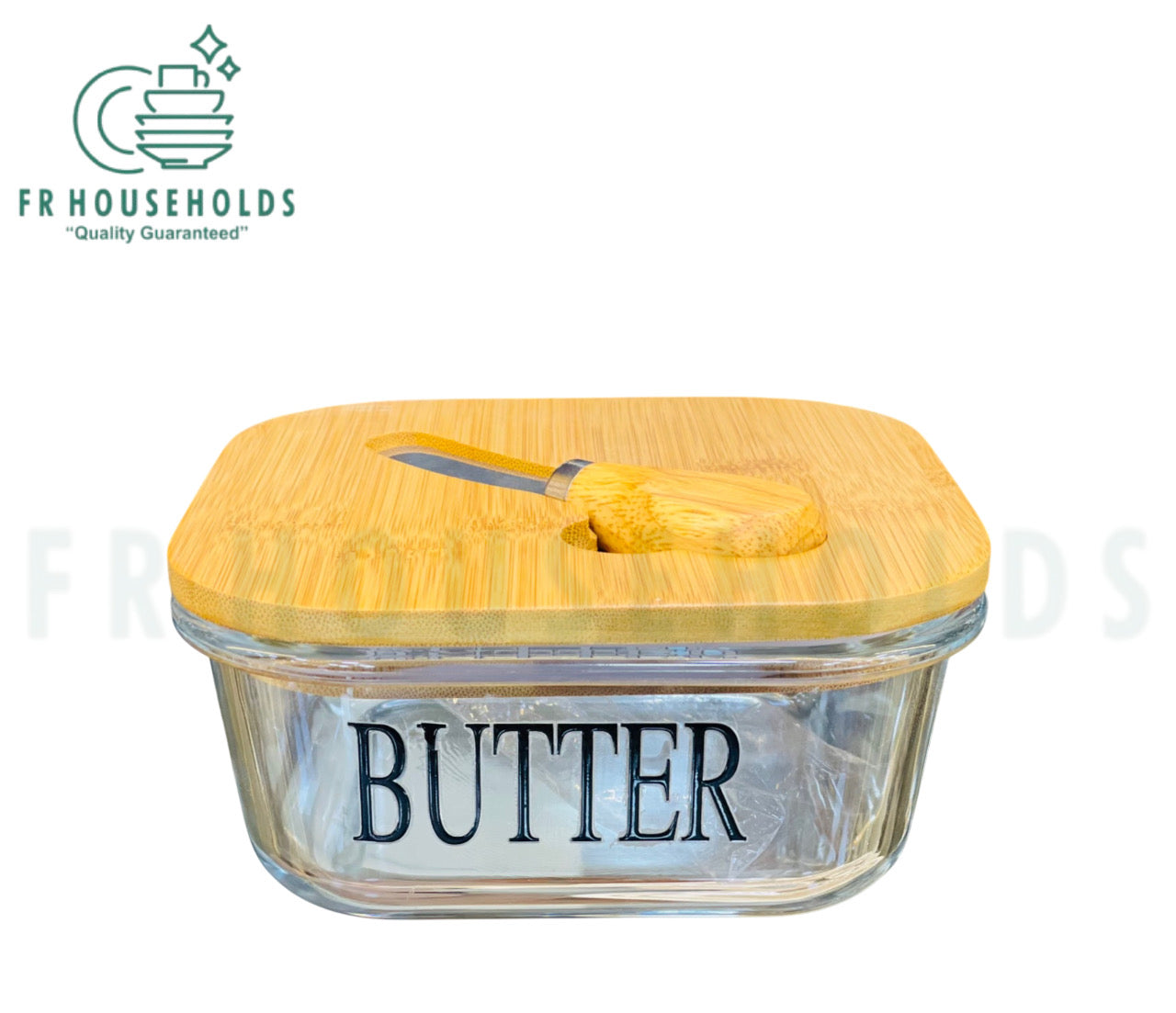 Premium Glass Butter Dish with Airlock Wooden Lid & Stainless Steel Butter Knife – Elegant, Airtight Storage for Counter or Fridge | (Square)