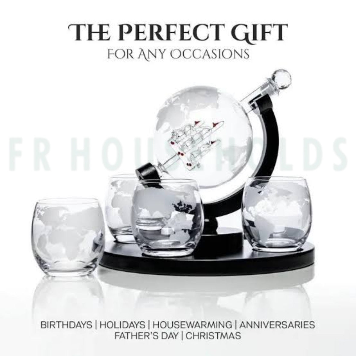 Luxury Globe Whiskey & Wine Dispenser Set with 4 Etched Glasses – Handcrafted Elegance