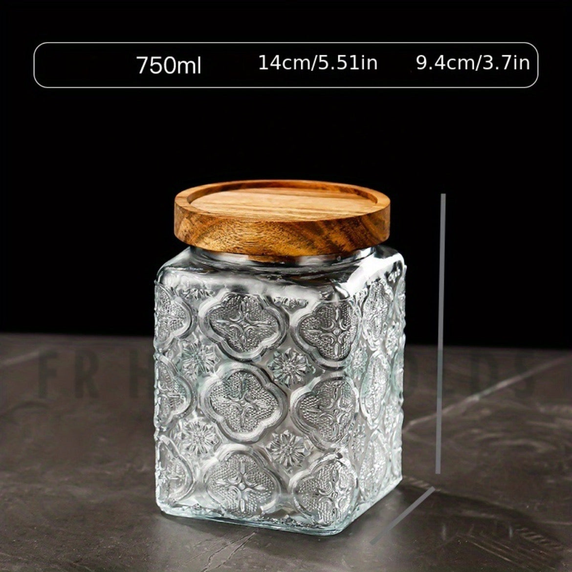 Vintage Pattern Glass Airlock Jar with Wooden Lid - 750ml - 24OZ | Square