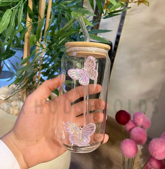 Butterfly Iced Tea Glass with Wooden Lid & Glass Straw | 500ml - 1pc