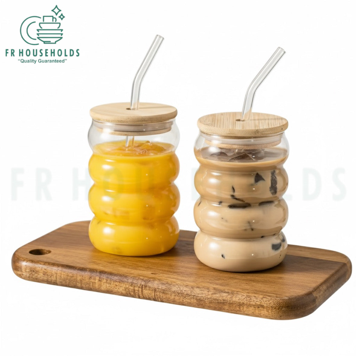 Bubble Shape Iced Tea Glass with Wooden Lid & Straw – Aesthetic Borosilicate Drinkware (400ml) | 1pc