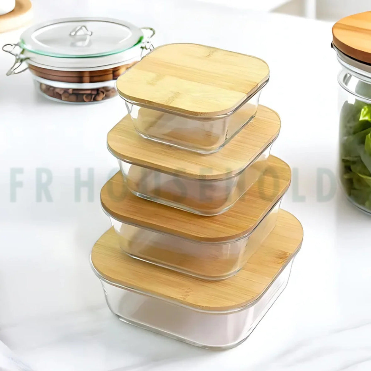 Square Glass Storage Box Set with Organic Bamboo Lids – 4-Piece Airtight Food Containers