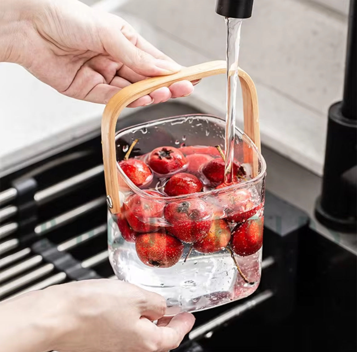 Premium Quality Multipurpose Glass Bucket with Wooden Handle | 350ml - 750ml - 1000ml | Square