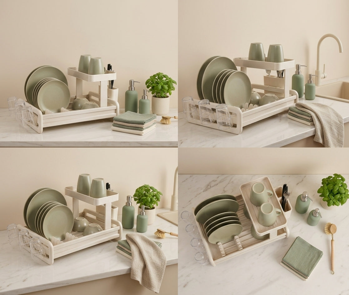 2-Tier Aluminium Dish Drying Rack with Cutlery Holder & Glass Hooks