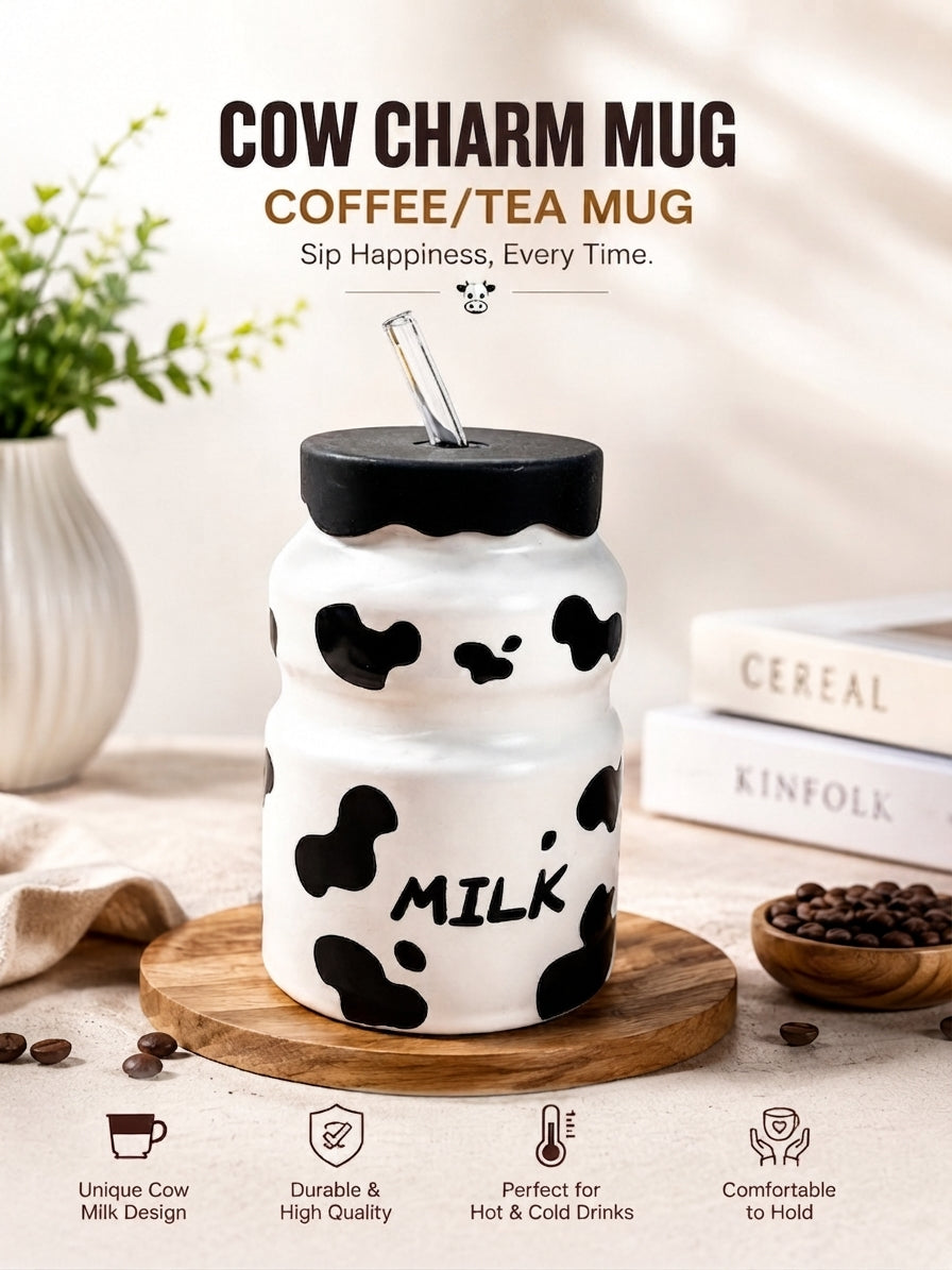 Cow Charm Milk Bottle Mug with Lid and Straw | FR HOUSEHOLDS