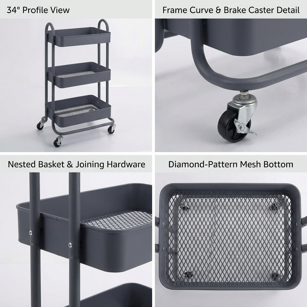 3-Tier Aluminium Rolling Utility Cart with Mesh Baskets