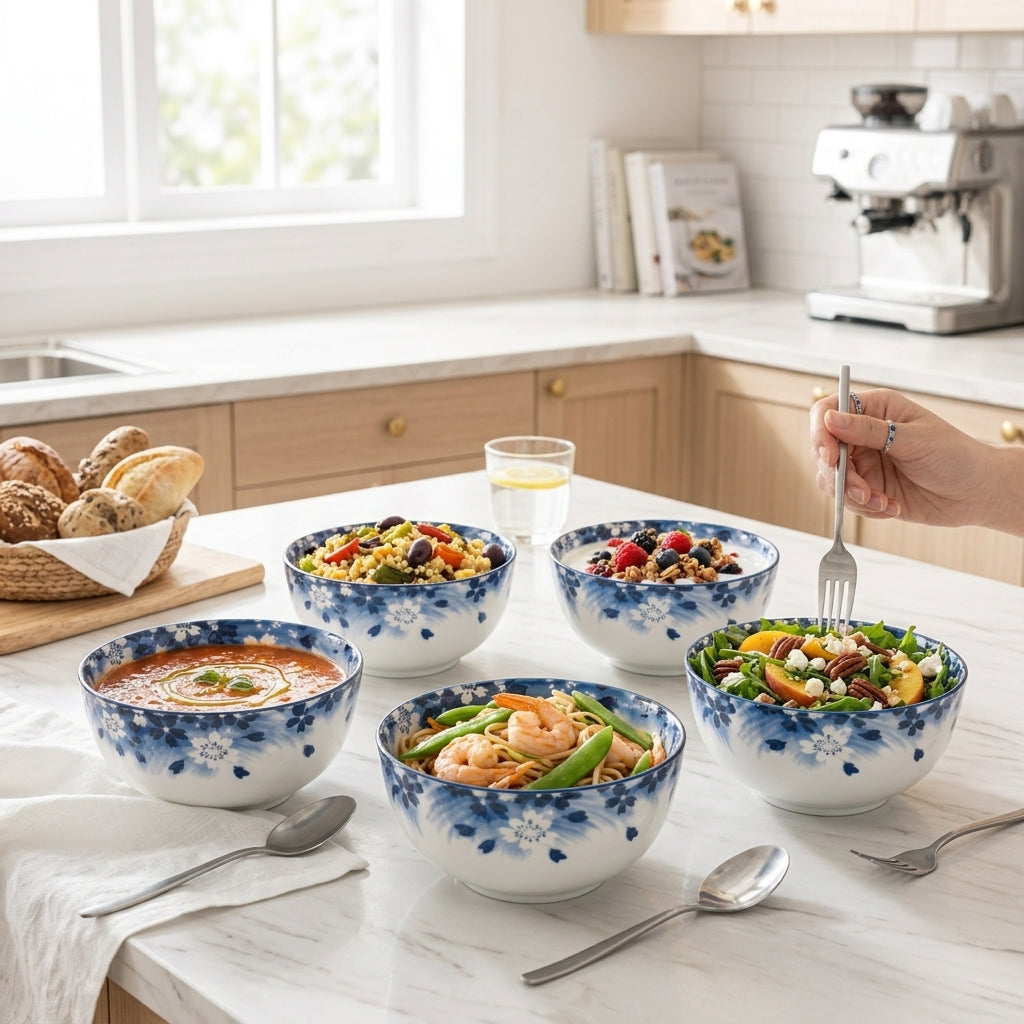 6-Piece Hand-Painted Japanese Sakura Ceramic Bowl Gift Set (Blue Box)