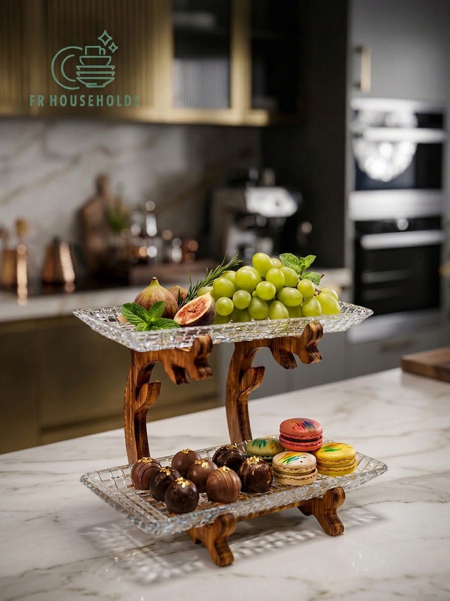 2-Tier Rectangular Crystal Glass Serving Platter with Walnut Wood Stand | FR HOUSEHOLDS