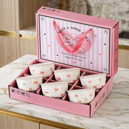 6-Piece Bow Ceramic Bowl Gift Set with Pink Presentation Box