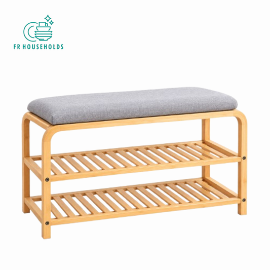 2-Tier Bamboo Shoe Rack Bench with Cushion Seat