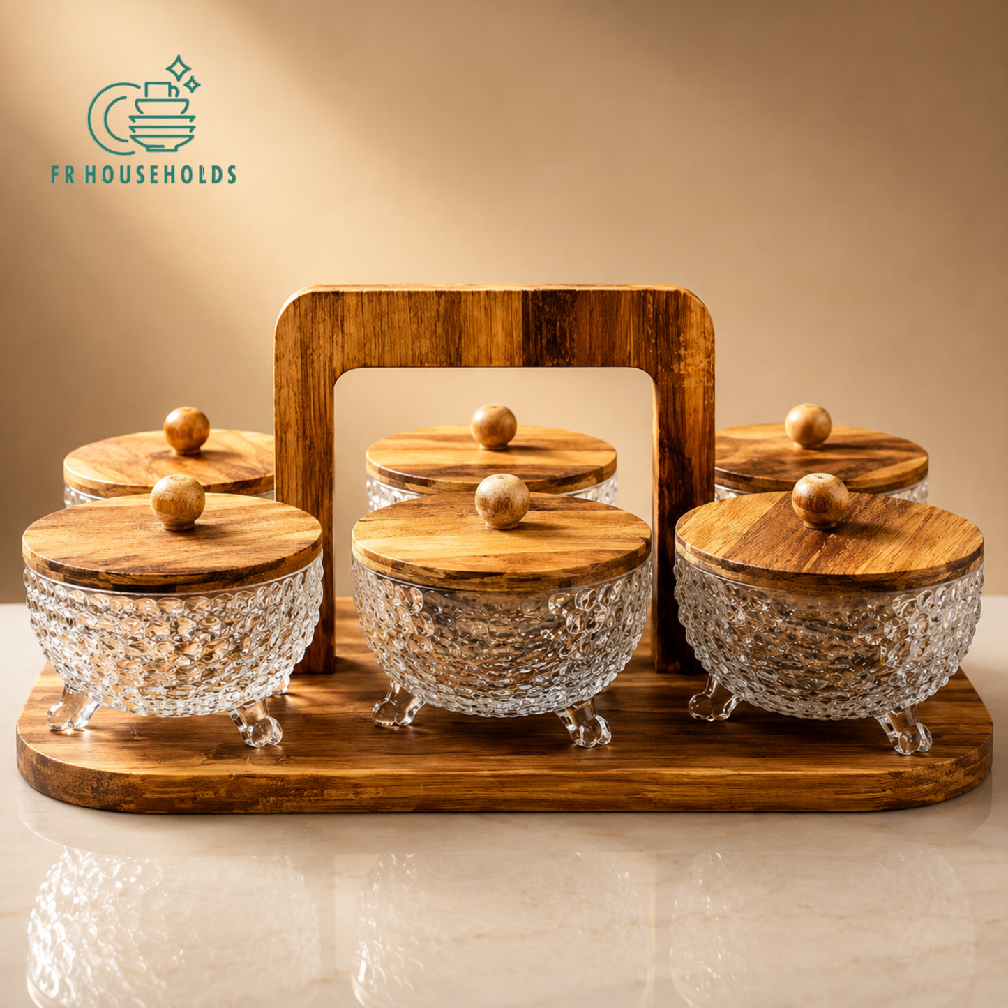 6-Piece Glass Serving Bowls Set with Wooden Caddy & Lids | FR HOUSEHOLDS