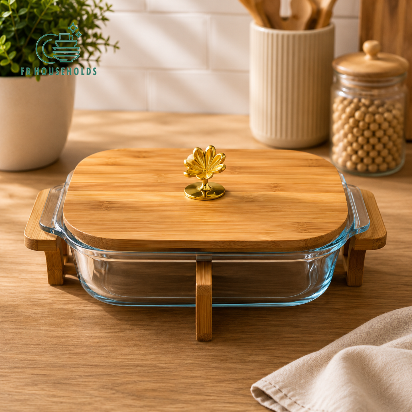 3-Piece Walnut Wood Rectangular Glass Casserole Set with Stand