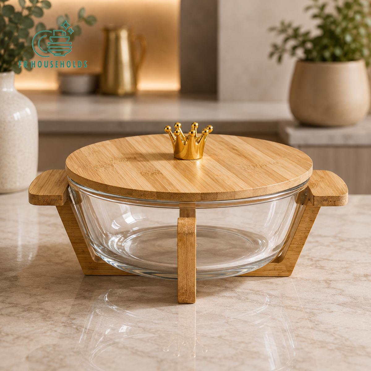 Walnut Wood Round Glass Serving Bowl with Stand & Crown Lid — 3 Sizes Available