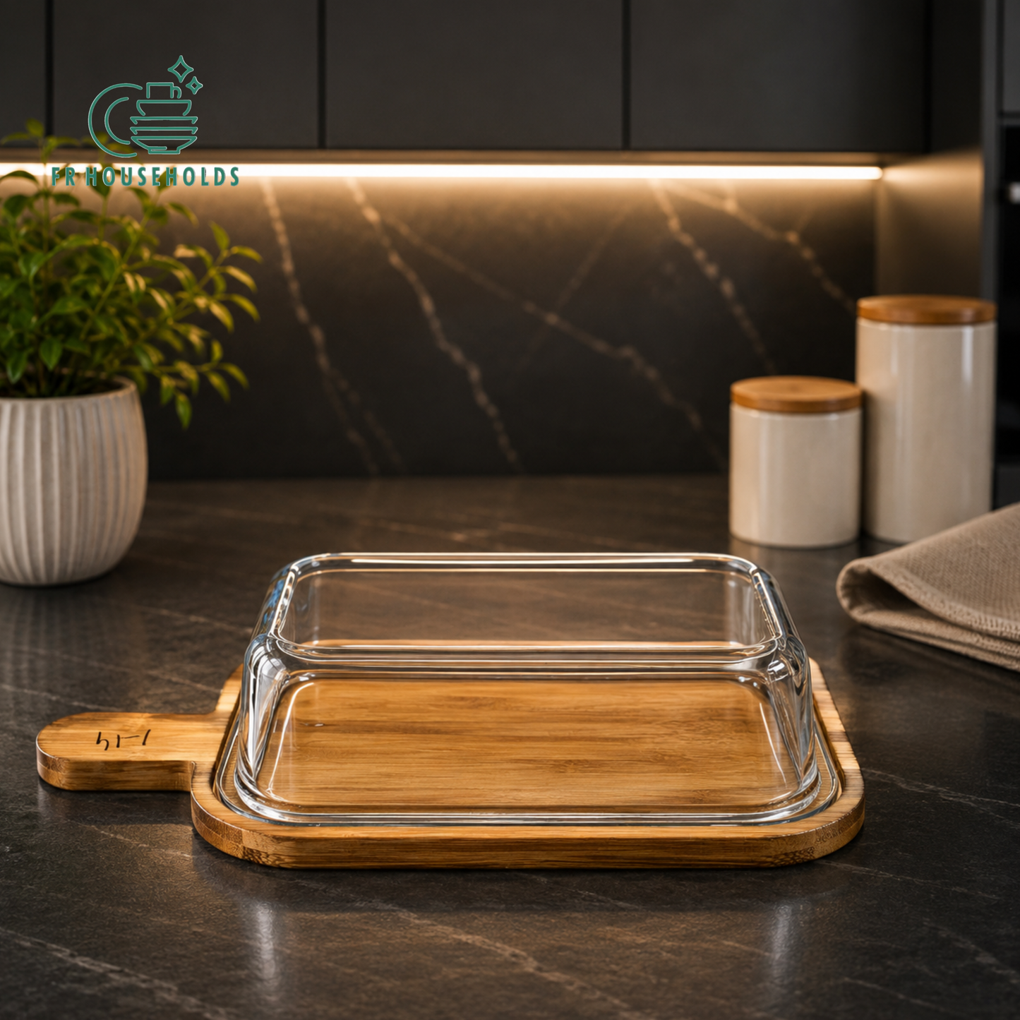 Trending Rectangular Glass Serving Dish with Wooden Tray & Lid | FR HOUSEHOLDS