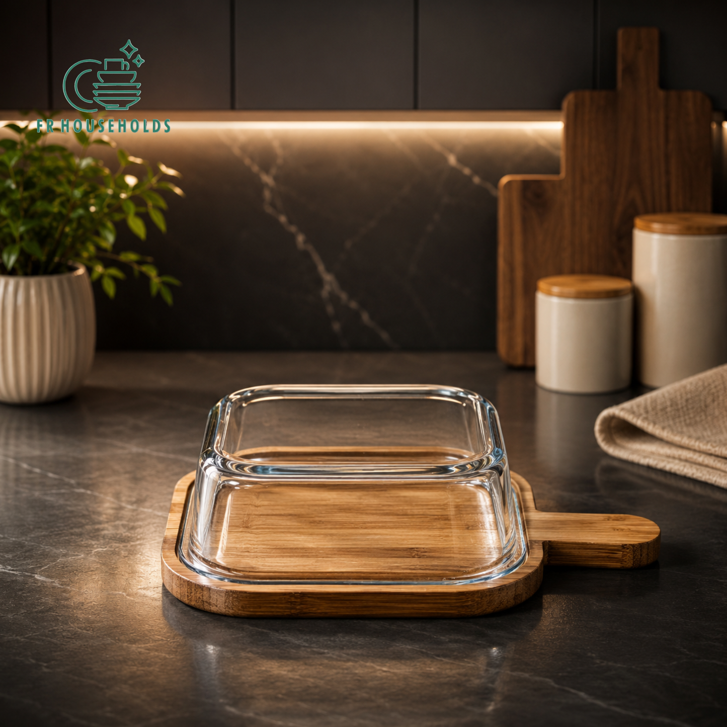 Trending Square Glass Serving Dish with Wooden Paddle Tray & Lid | FR HOUSEHOLDS