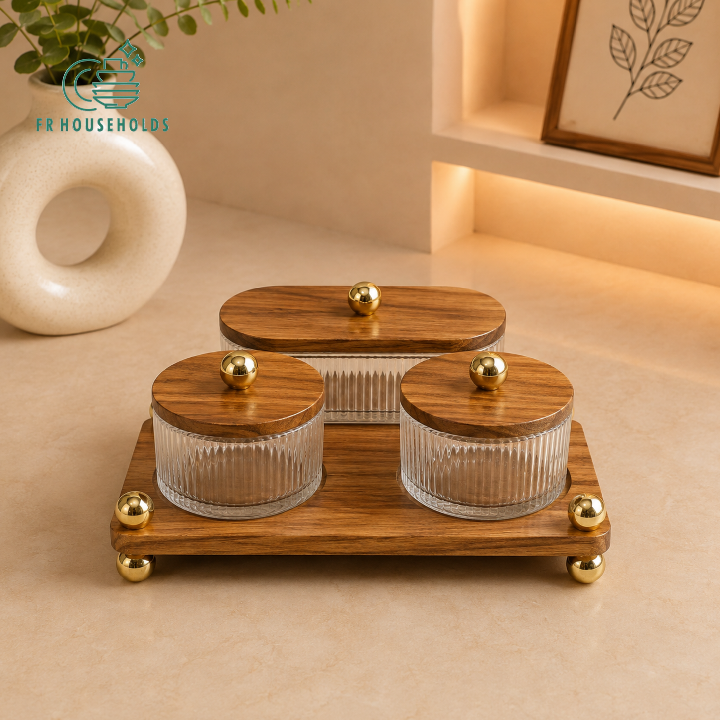3-Piece Ribbed Glass Dry Fruit & Snack Jar Set with Wooden Tray