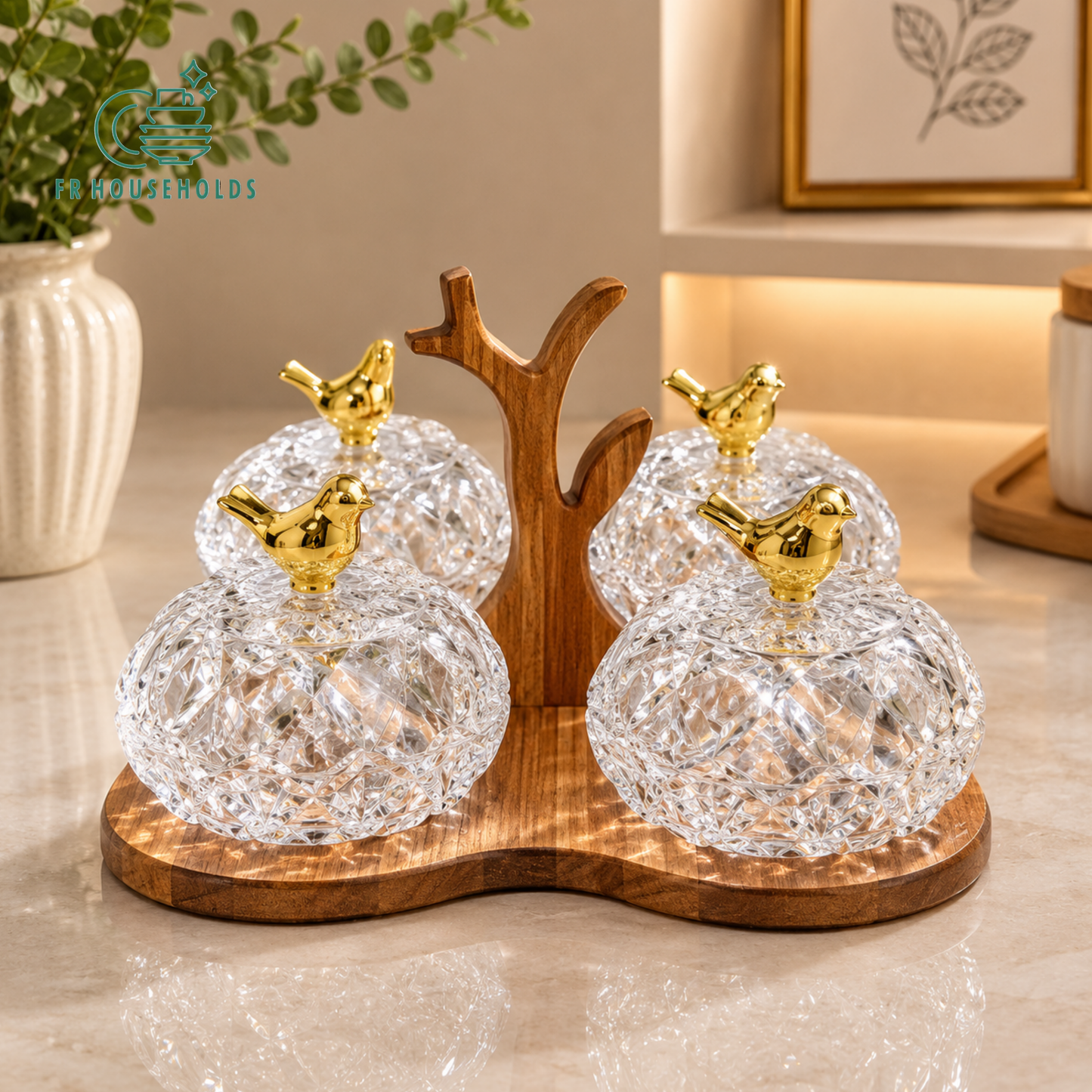 4-Piece Crystal Glass Dry Fruit Jar Set with Tree Wooden Stand & Bird Lids