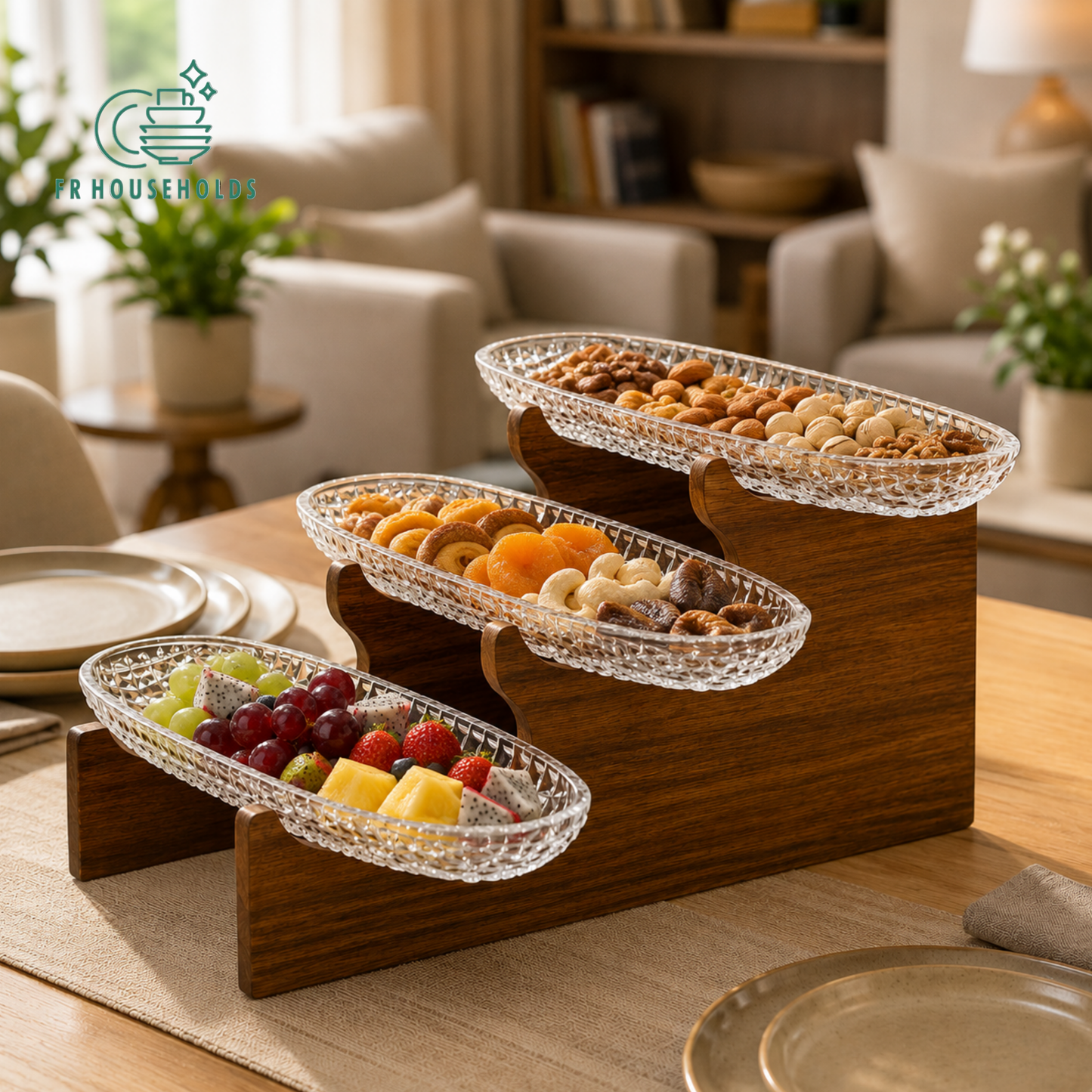 3-Tier Crystal Glass Serving Platter Set with Wooden Stand