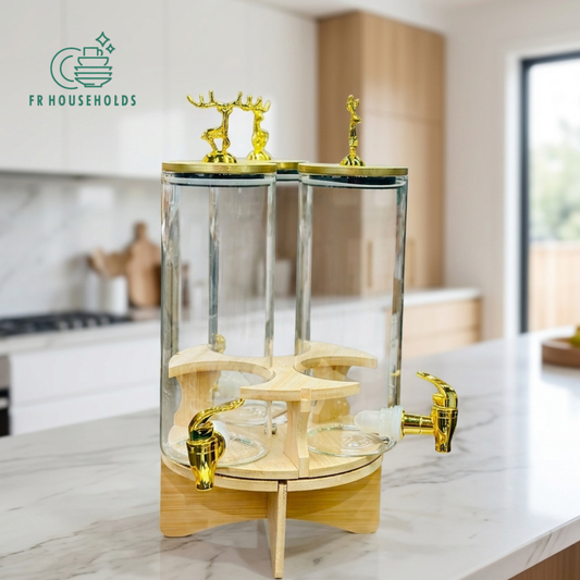3-in-1 Revolving Glass Beverage Dispenser with Wooden Stand & Gold Faucets | FR HOUSEHOLDS