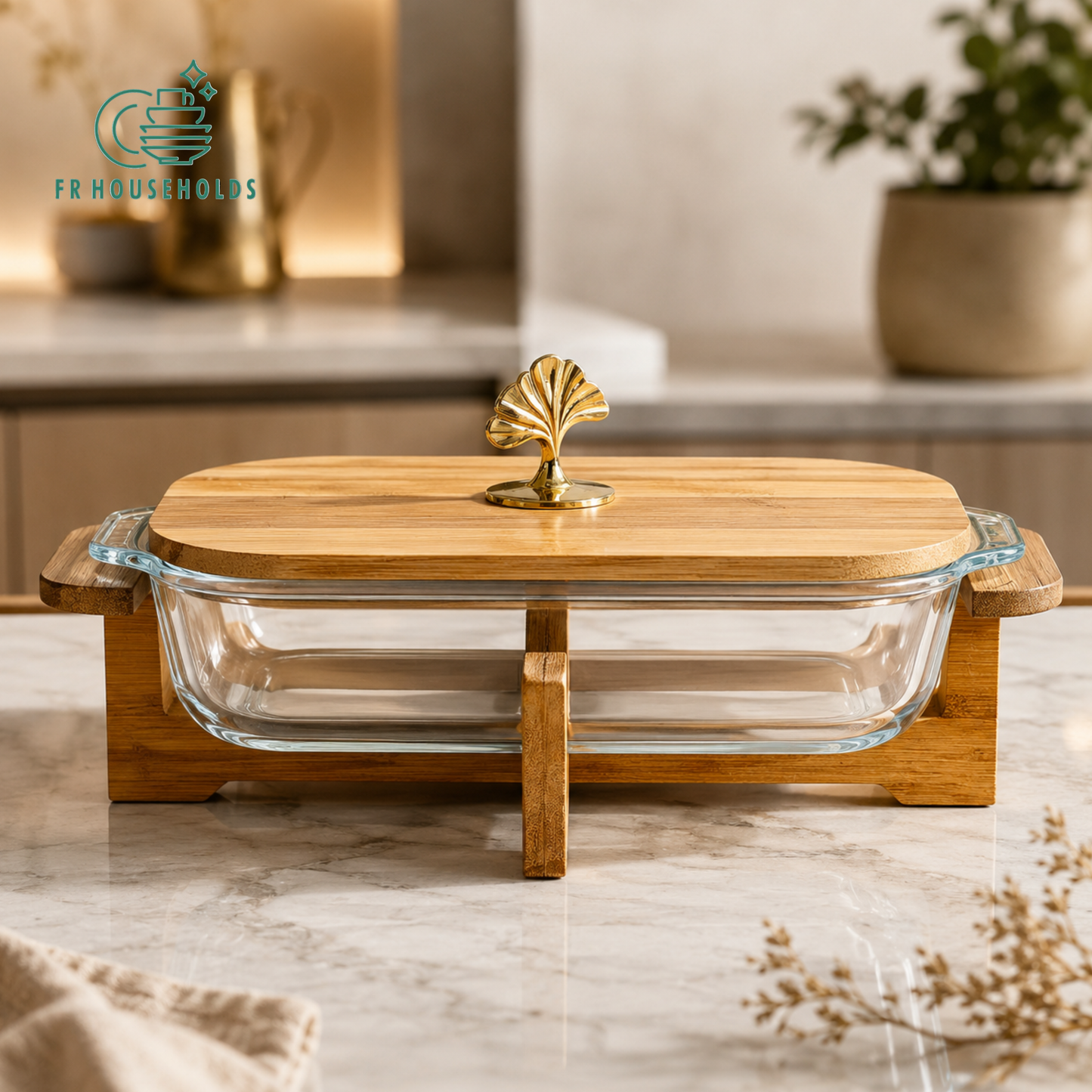 3-Piece Walnut Wood Rectangular Glass Casserole Set with Stand