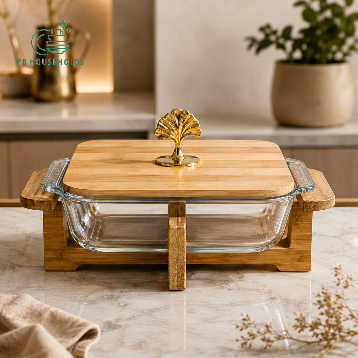 Walnut Wood Square Glass Serving Dish with Stand — 3 Sizes Available