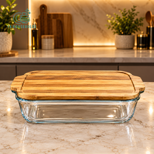 Walnut Wood Rectangular Glass Casserole Dish with Lid & Stand — 3 Sizes Available