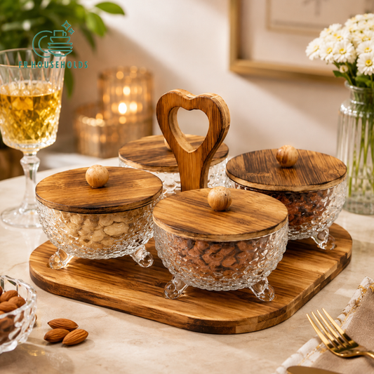 4-Piece Glass Serving Bowls Set with Wooden Caddy & Lids | FR HOUSEHOLDS