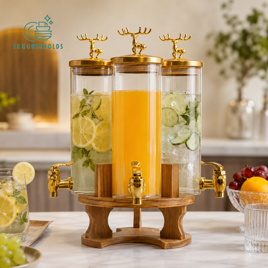 3-in-1 Revolving Glass Beverage Dispenser with Wooden Stand & Gold Faucets