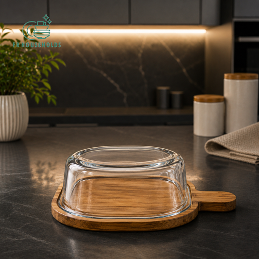 Trending Round Glass Serving Dish with Wooden Paddle Tray & Lid | FR HOUSEHOLDS