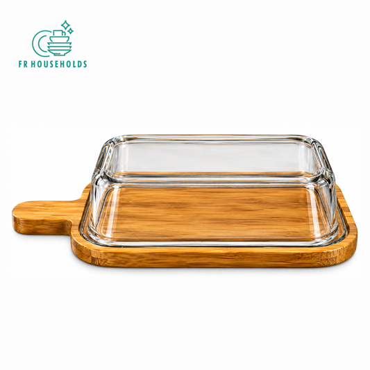Trending Rectangular Glass Serving Dish with Wooden Tray & Lid