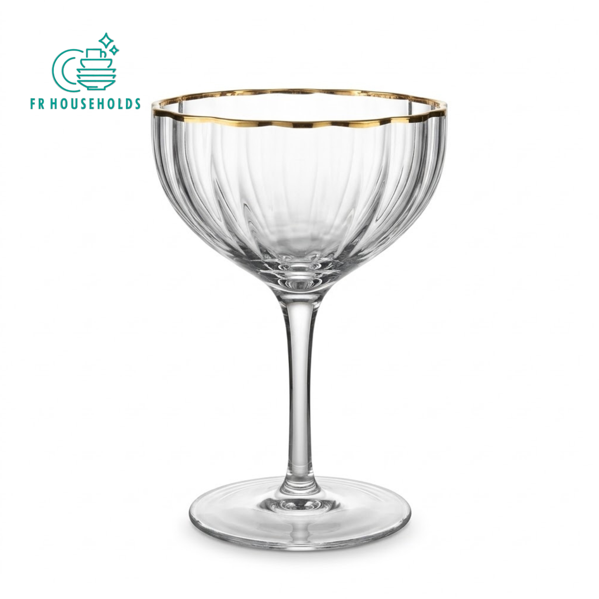 Ribbed Glass Champagne Coupe & Cocktail Glass with Gold Rim