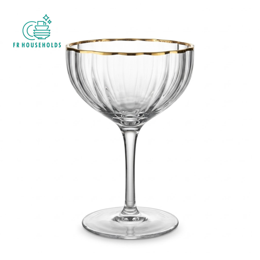 Ribbed Glass Champagne Coupe & Cocktail Glass with Gold Rim