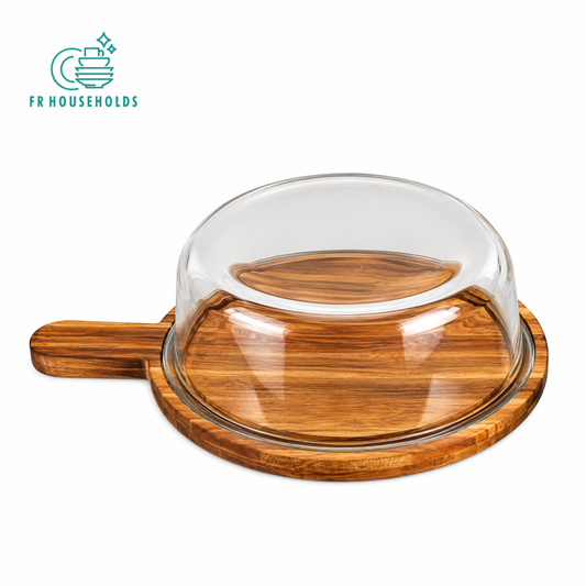Trending Round Glass Serving Dish with Wooden Paddle Tray & Lid