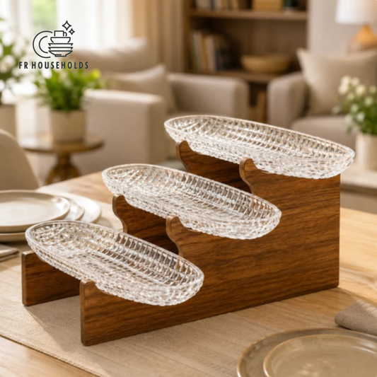 3-Tier Crystal Glass Serving Platter Set with Wooden Stand