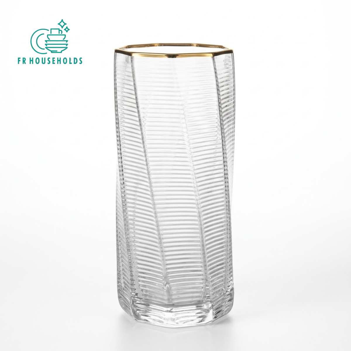 Tall Geometric Faceted Glass Tumbler with Gold Rim | Crystal