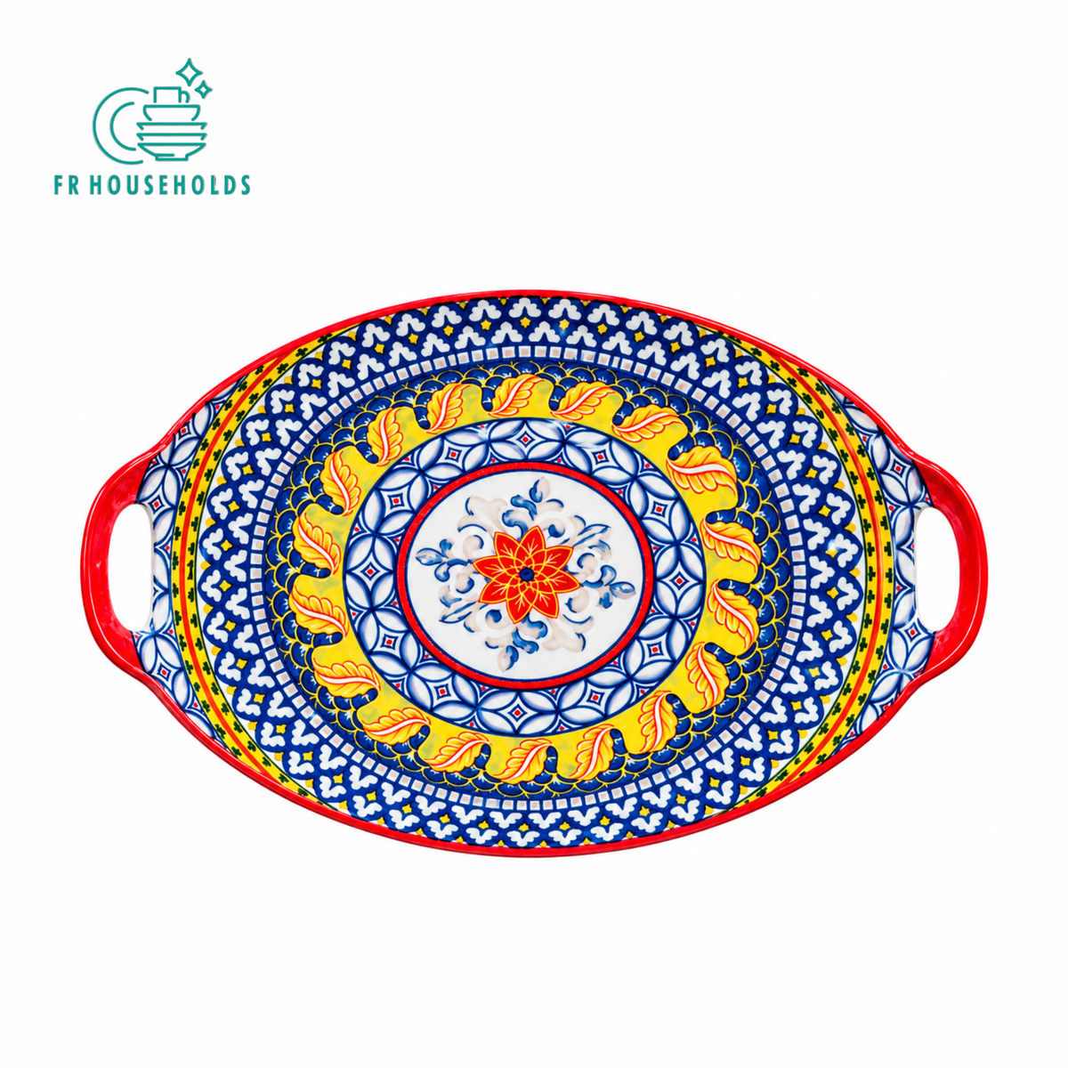 Red Blue Floral Oval Serving Platter with Handles