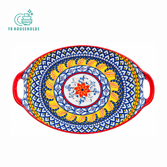Red Blue Floral Oval Serving Platter with Handles