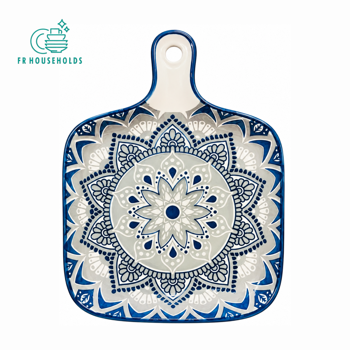 Blue White Mandala Square Serving Platter with Handle