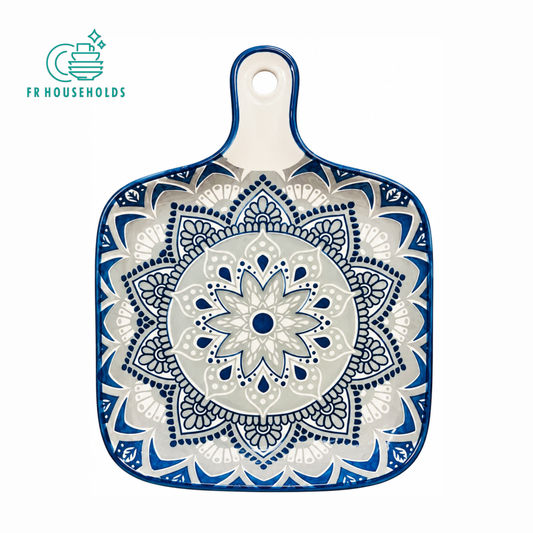 Blue White Mandala Square Serving Platter with Handle
