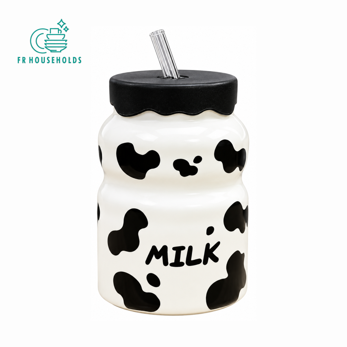 Cow Charm Milk Bottle Mug with Lid and Straw