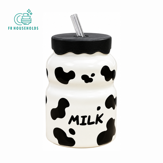 Cow Charm Milk Bottle Mug with Lid and Straw