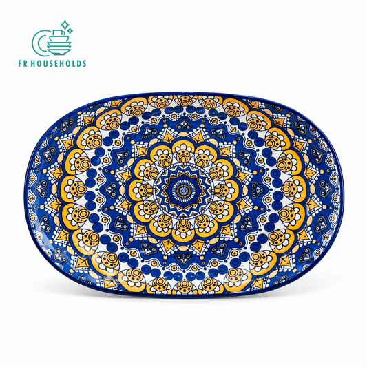 Blue & Yellow Mandala Oval Serving Platter – Decorative Geometric Design